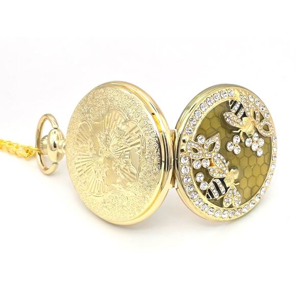 Honeybee Pocket Watch – Gold Finish, Crystal Accents, Nature-Inspired Bee Gift - Picture 4 of 11